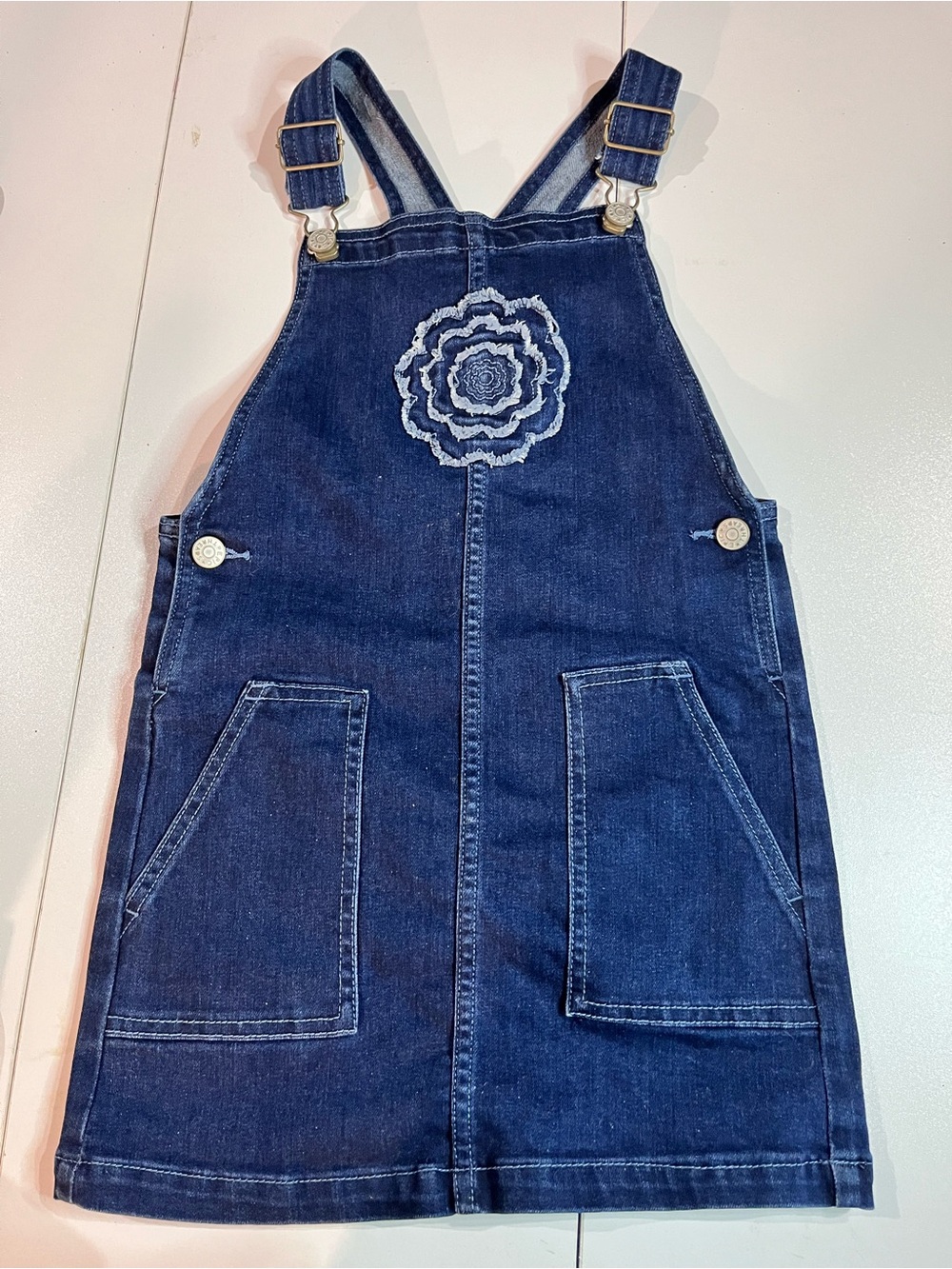 Epic Threads Dark Blue Denim Overall Dress with Floral Patch